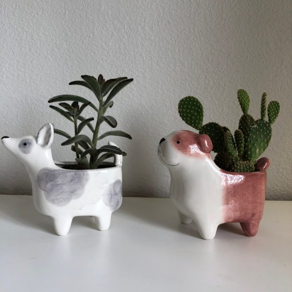 Hand painted ceramic dog planter